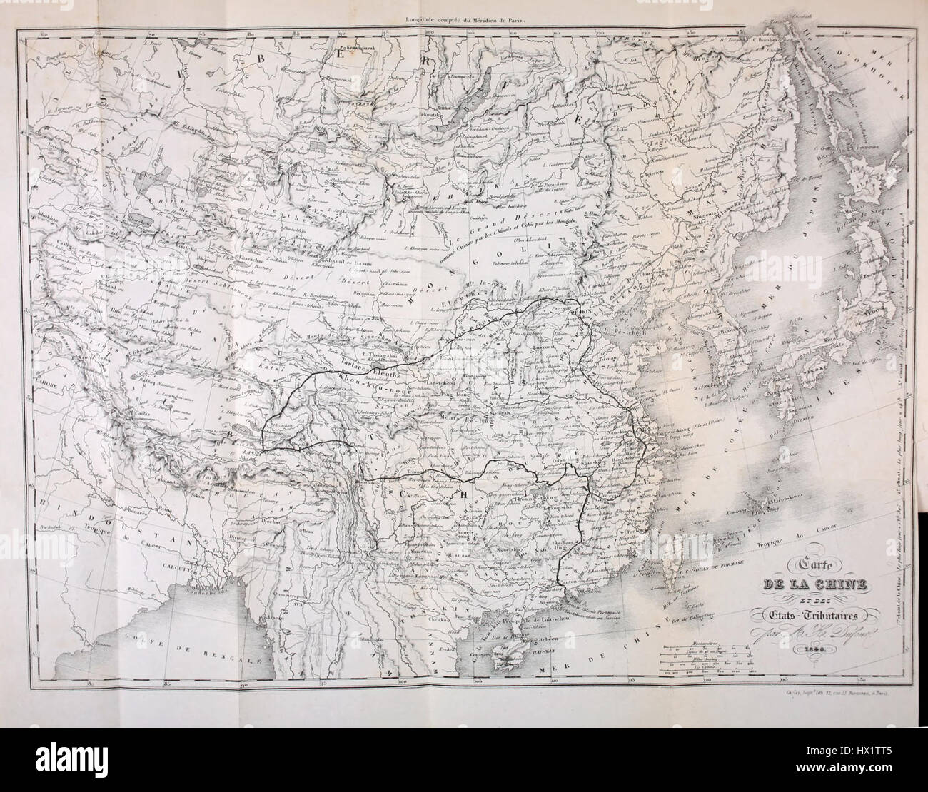 La « carte voyage » d'Evariste Huc fait référence à une carte de voyage ou à une représentation géographique de ses voyages au XIXe siècle, représentant probablement les régions qu'il a explorées en Asie, reflétant ses observations et ses découvertes en tant que missionnaire et explorateur. Banque D'Images