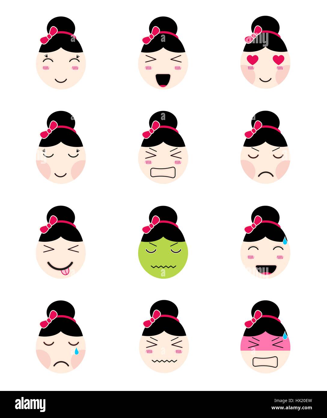 Cute collection emoji. Kawaii asian girl face à différentes humeurs Illustration de Vecteur