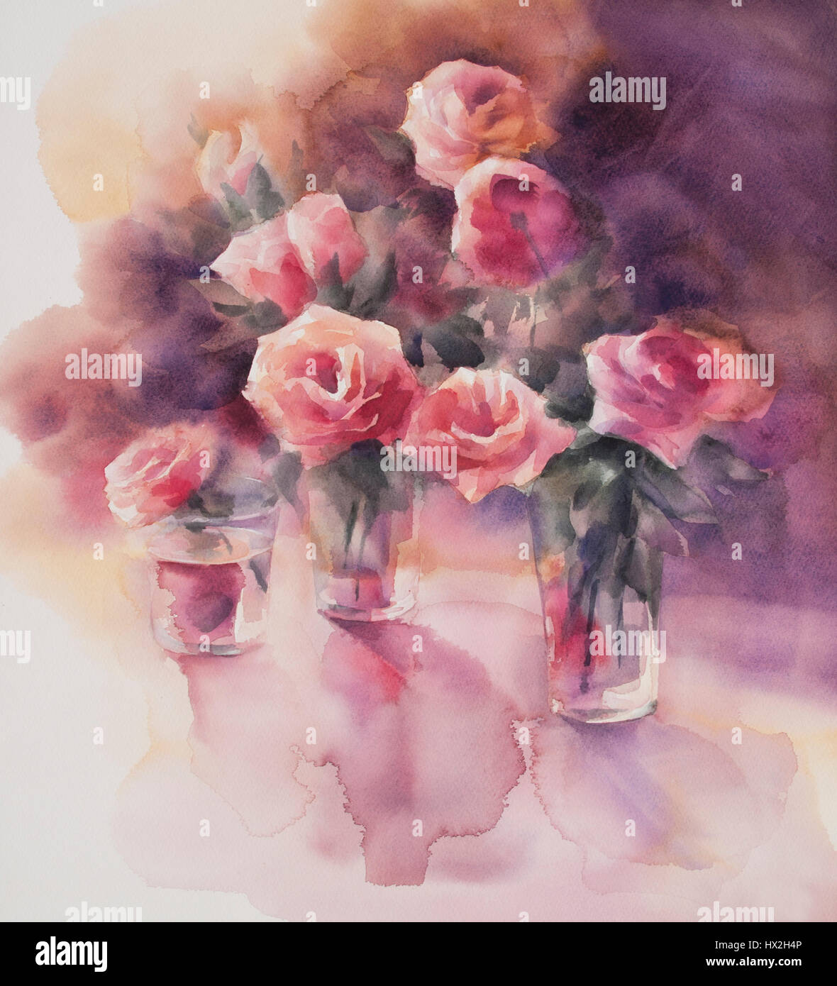 Roses rouges dans les vases de verre encore aquarelle-vie. Carte d'anniversaire, Saint Valentin Banque D'Images