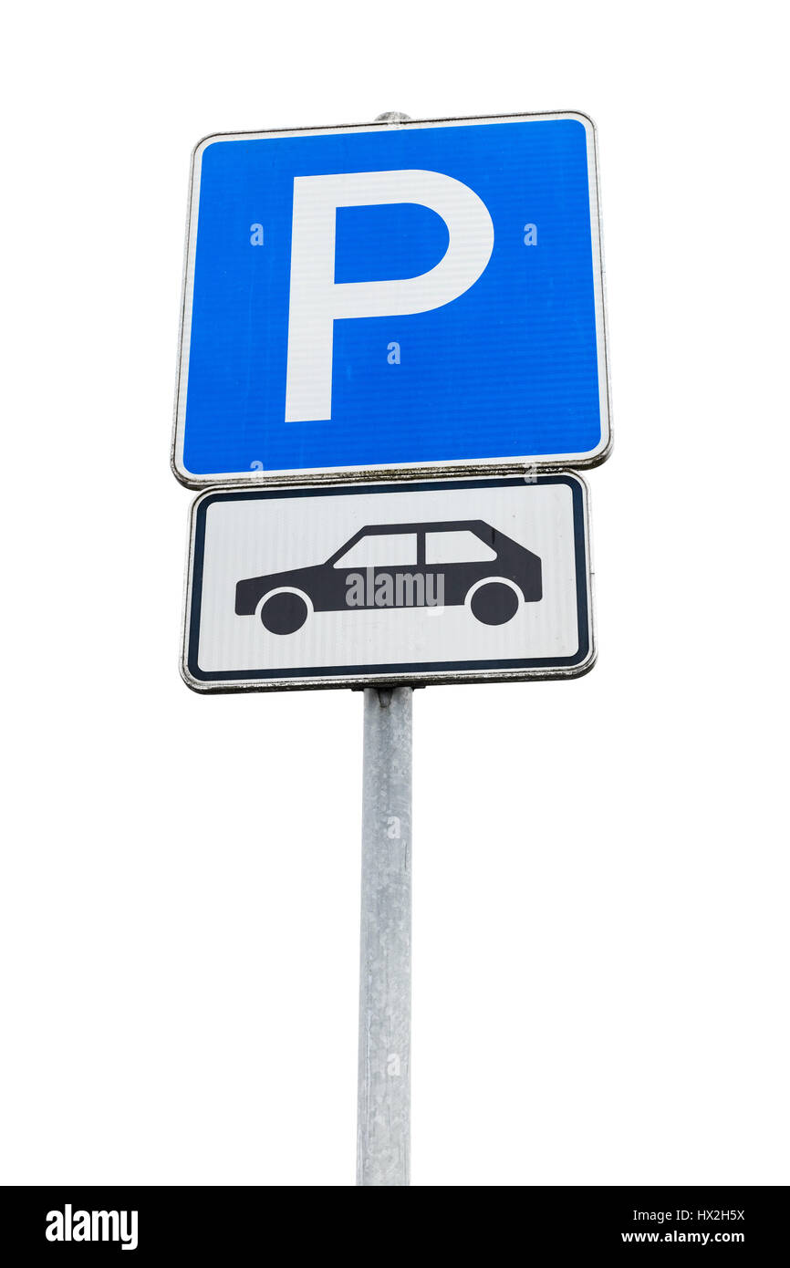 Panneau routier stationnement isolé sur fond blanc, la photo en gros Banque D'Images