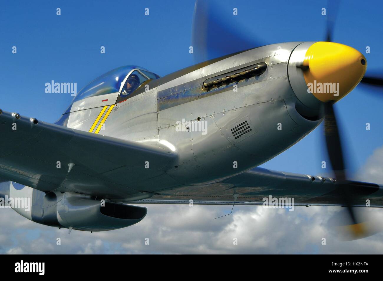 Seconde Guerre mondiale North American P51D Mustang fighter, près de l'appareil photo en vol. Banque D'Images