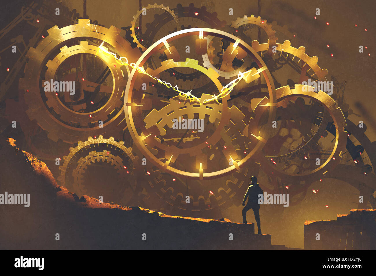 Homme debout en face de la grande horloge d'or,illustration peinture Banque D'Images