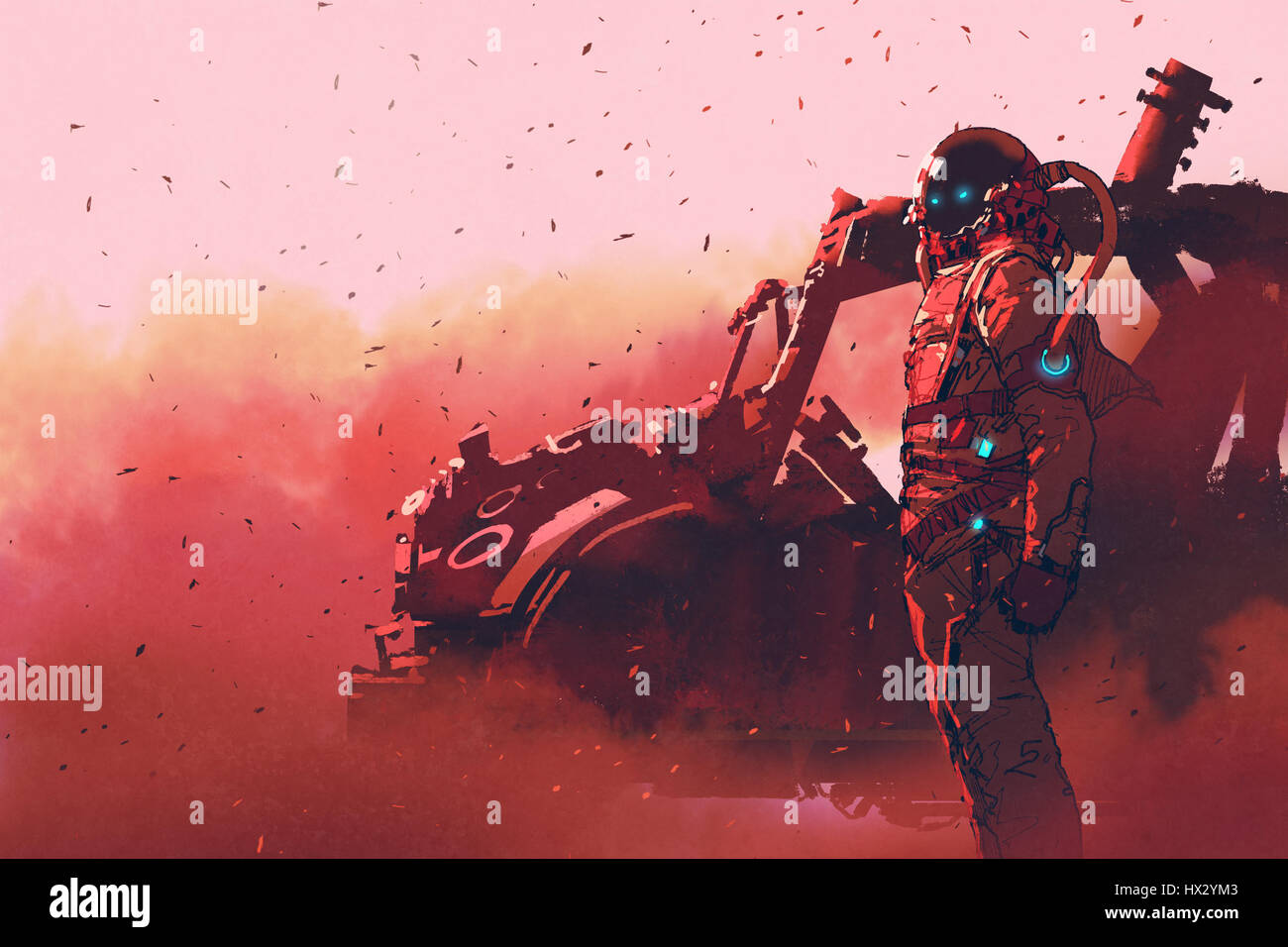 L'astronaute rouge debout près de véhicule futuriste sur Mars planète,illustration peinture Banque D'Images