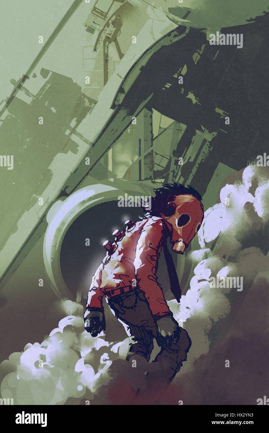 Caractère futuriste de masque à gaz rouge homme debout dans la fumée blanche,illustration peinture Banque D'Images