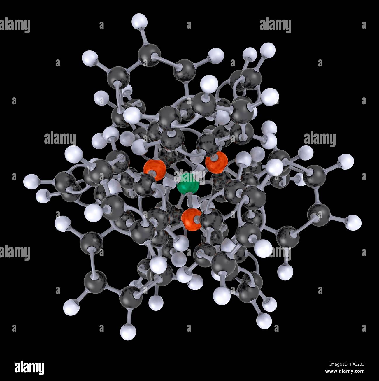 Bille et stick modèle 3D du tétrakis(triphénylphosphine)palladium(0) molécule ou tétrakis(triphénylphosphine)platine(0) molécule. Les atomes de carbone (code couleur : noir, rouge - phosphore, palladium ou platiunum - vert, l'hydrogène - blanc).j'ai utilisé comme catalyseur pour des réactions de couplage catalysées par le palladium. Les applications comprennent la réaction de Heck, Suzuki, Stille, couplage couplage de Sonogashira, et couplage Negishi. Banque D'Images