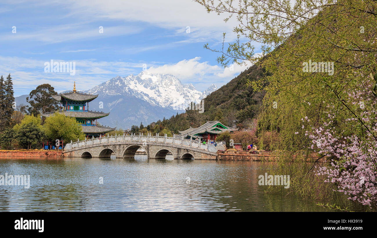 Belle vue sur la piscine et le Dragon Noir Montagne Enneigée du Dragon de Jade à Lijiang, Yunnan - Chine Banque D'Images