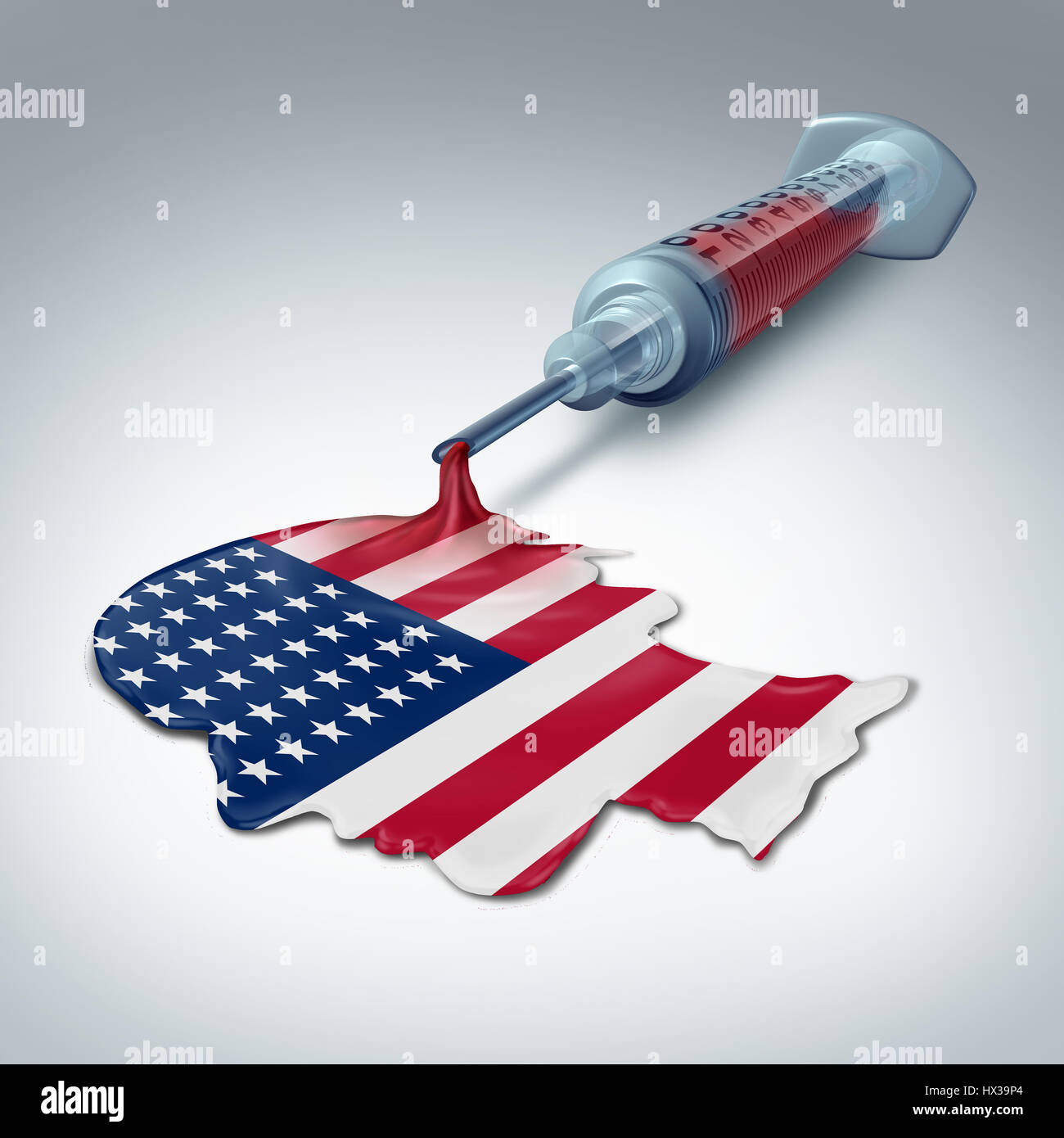 Concept de soins de santé américain qu'une seringue de liquide libérant la forme d'une tête humaine et d'un drapeau des États-Unis en tant que projet de loi du gouvernement et de la santé Banque D'Images