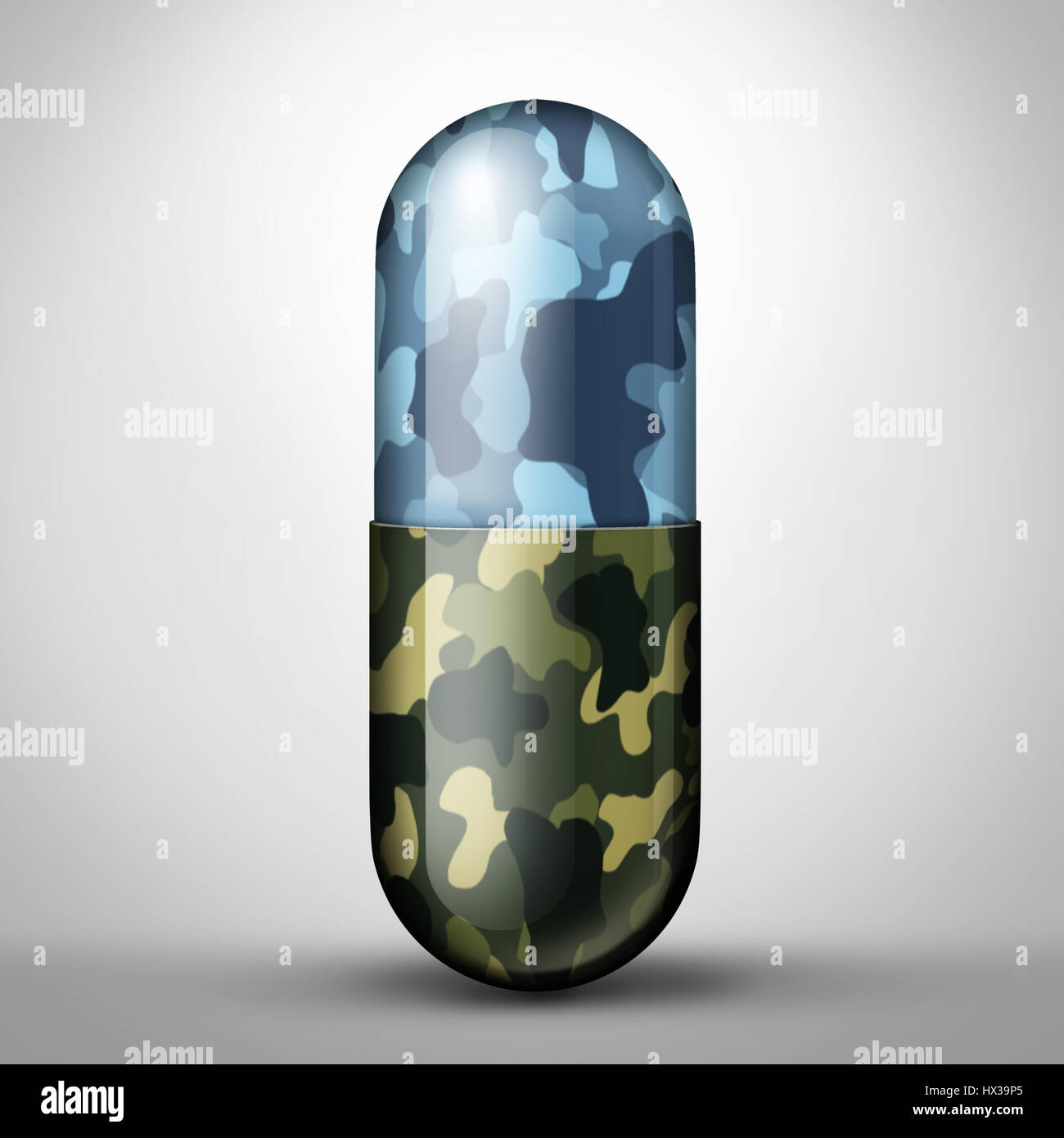Santé Médecine militaire vétéran soldat pour soins médicaux que le SSPT la maladie comme une pilule à la marine de l'armée ou la marine comme un camouflage 3D illustration. Banque D'Images
