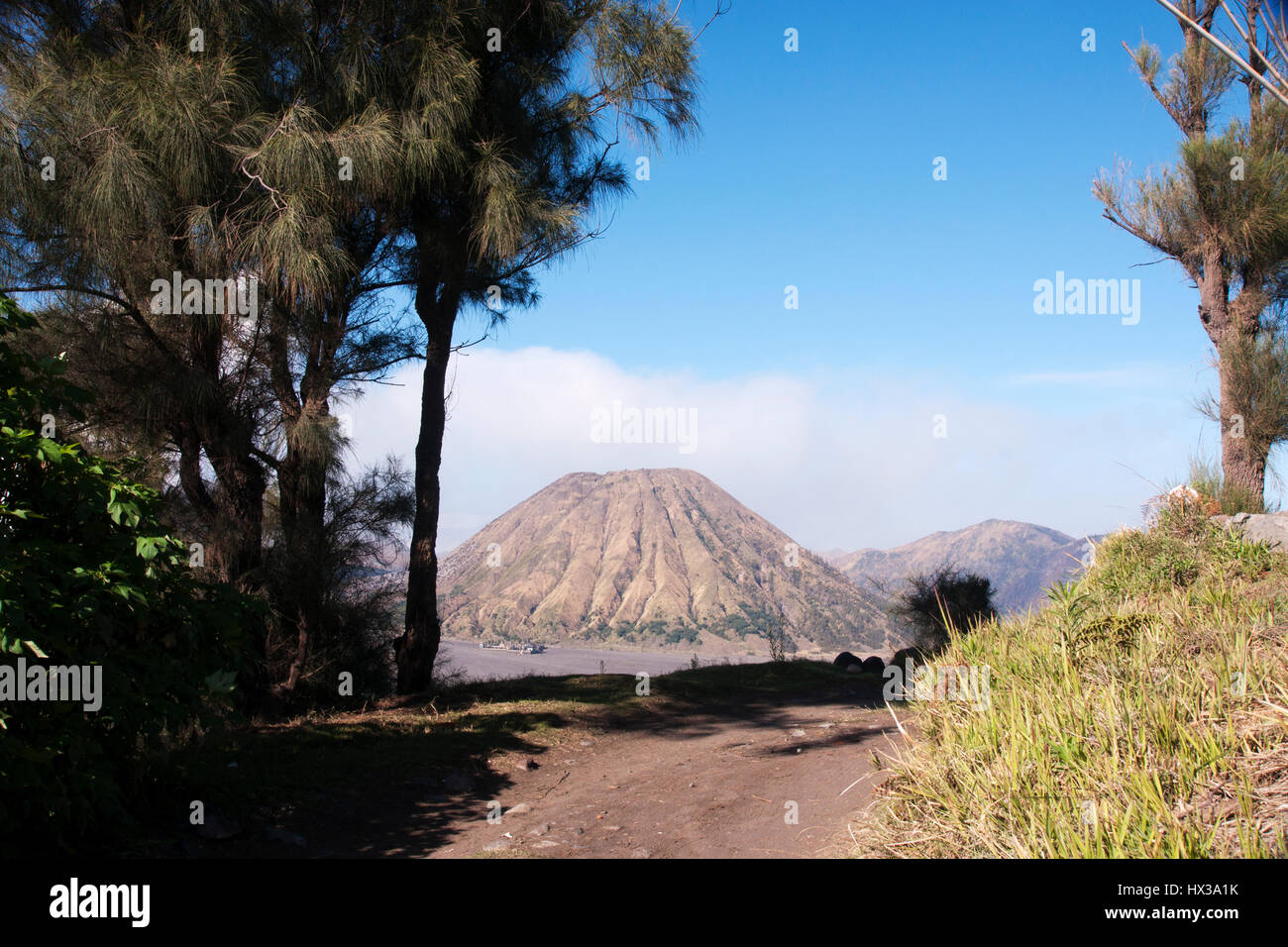 Le Mont Bromo, un volcan actif avec ciel bleu clair à l'Tengger Semeru National Park dans l'Est de Java, Indonésie. Banque D'Images