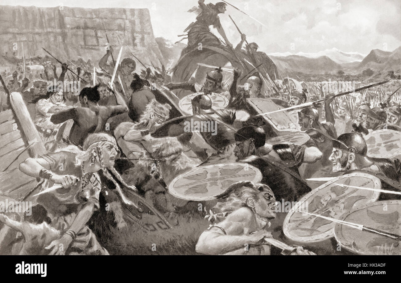 La bataille d'Aquae sextiae (Aix-en-Provence) France, 102 BC entre les Romains sous Marius et les Teutons et les Ambrones. Après la peinture de J.H. Valda, (d.1941). L'histoire de Hutchinson de l'ONU, publié en 1915. Banque D'Images
