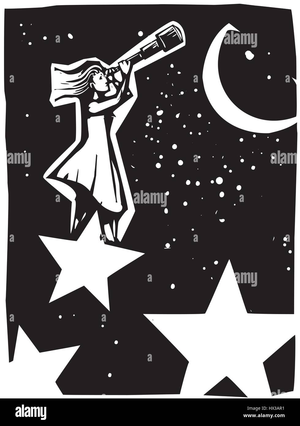 Xylographie expressionniste style image d'une femme debout sur une étoile de regarder le ciel avec un télescope. Illustration de Vecteur