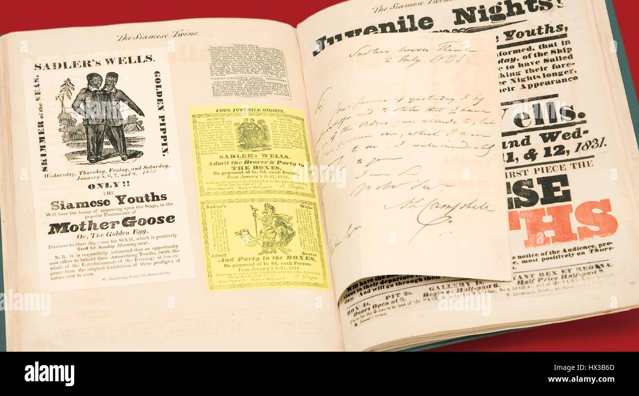 Pages de l'album J. Willinham sur l'Chang et Eng Bunker jumeaux siamois, 1850. La permission de la National Library of Medicine. Banque D'Images