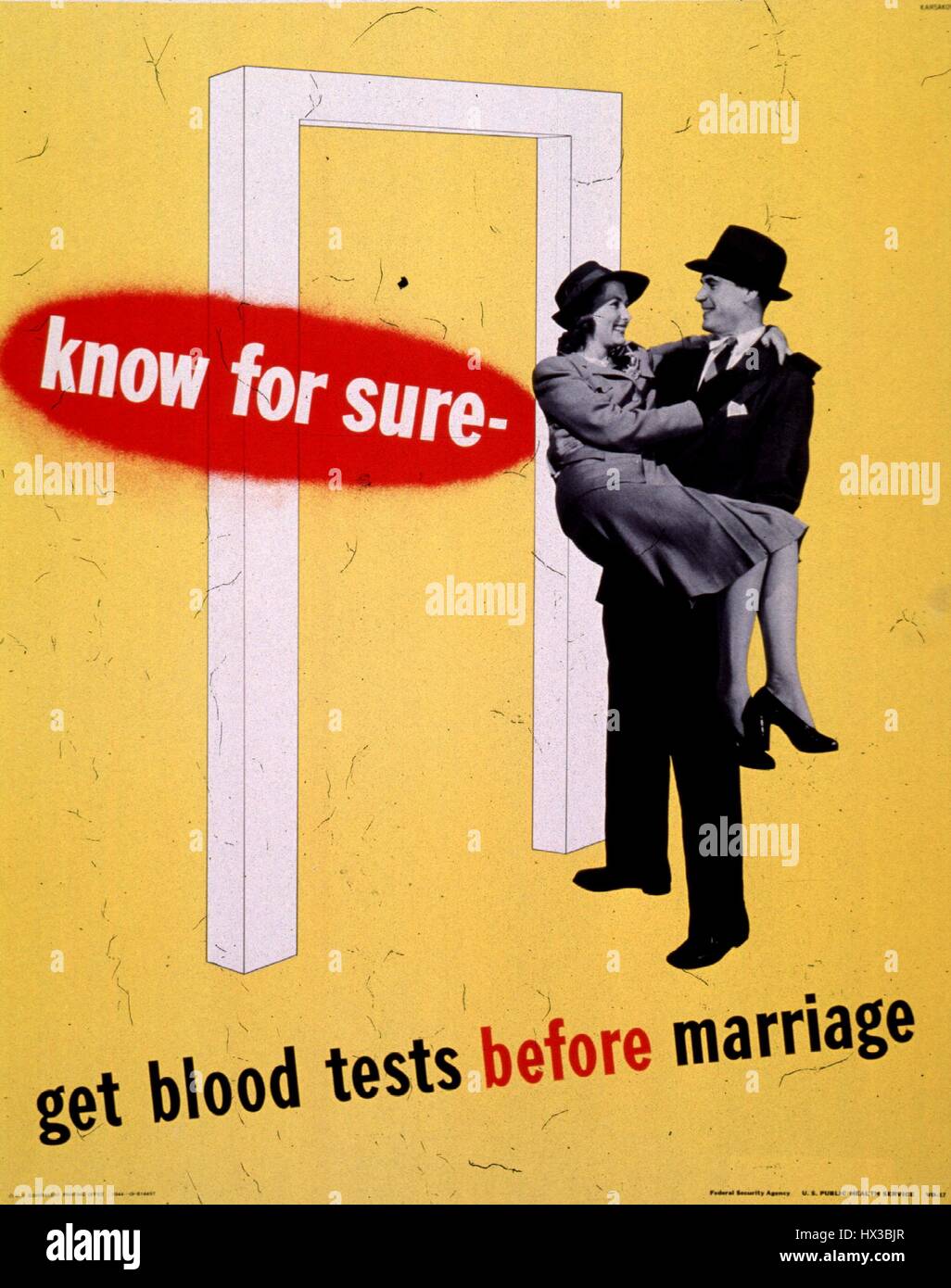 Poster émis par le Service de santé publique des Etats-Unis, représentant un homme portant une femme de plus d'un seuil, d'encourager les gens à se faire dépister pour les infections transmissibles sexuellement avant le mariage, 1944. La permission de la National Library of Medicine. Banque D'Images