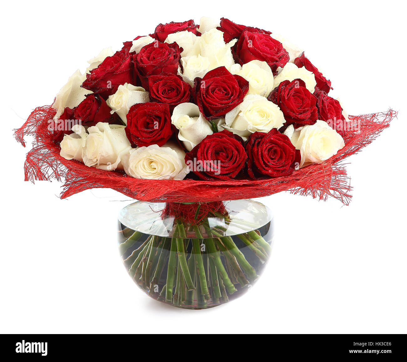 Arrangement de floristique roses blanches et rouges. La composition florale  de roses rouges et blanches. Le caractère isolé de l'image sur un fond  blanc. Roses dans un verre V Photo Stock -