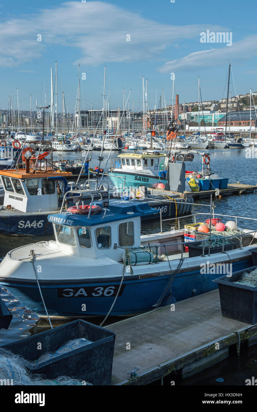 Le Swansea Marina, sur la côte sud du Pays de Galles, plein de yachts, bateaux amarrés et quelques bateaux de pêche aussi. Banque D'Images