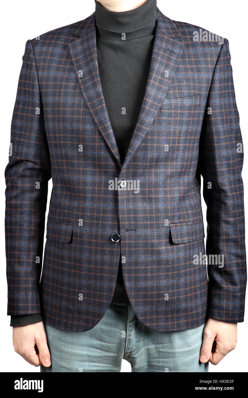 Veste en laine homme costume à carreaux en combinaison avec des jeans,  droit isolé sur fond blanc Photo Stock - Alamy