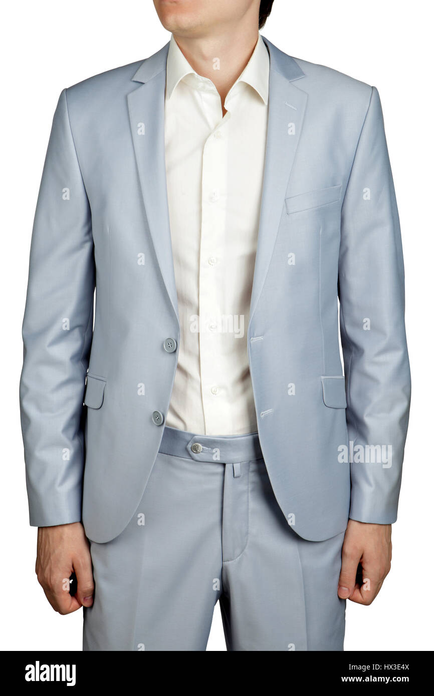 Costume de mariage pour hommes, Bleu Pastel léger blazer et pantalon, isolé  sur blanc Photo Stock - Alamy
