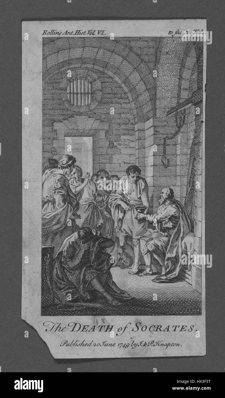Représentation artistique de la mort de Socrate, montrant sur Socrates à boire du poison et en utilisant le moment comme une leçon pour ses élèves, 1749. À partir de la Bibliothèque publique de New York. Banque D'Images