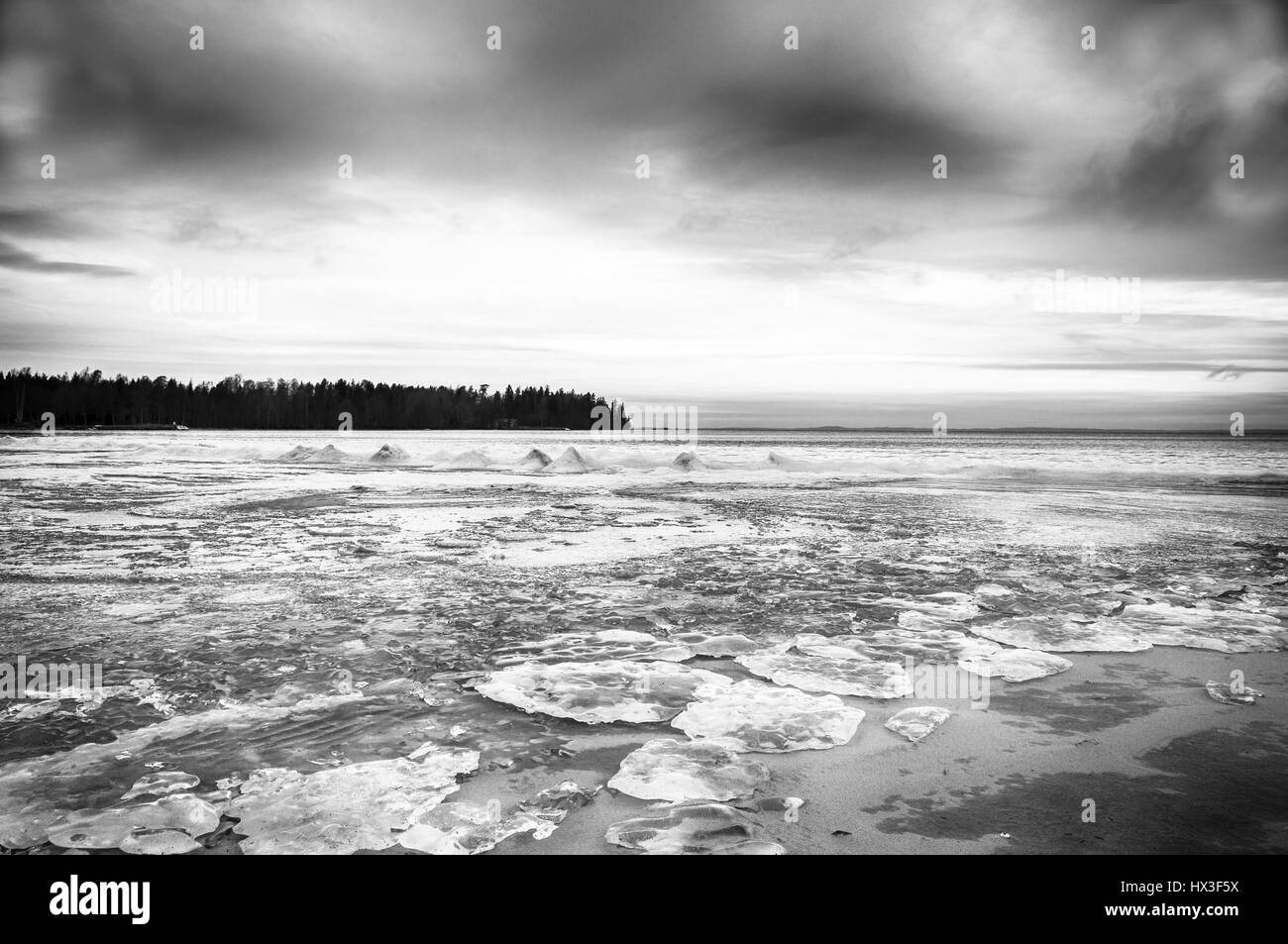 Plage d'hiver avec de la glace en noir et blanc Banque D'Images