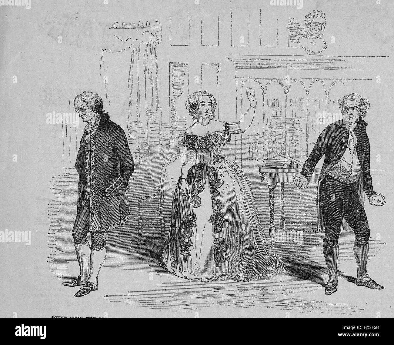 Scène de la pièce de l'école pour Scandale, montrant Catherine N. Dame Sinclair comme Teazler, 1853. À partir de la Bibliothèque publique de New York. Banque D'Images