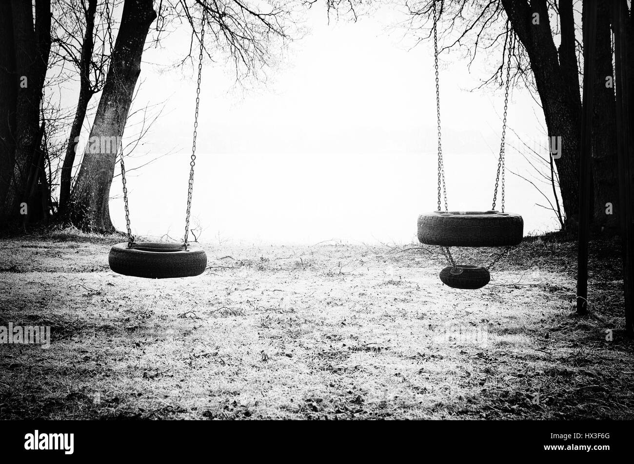 Image artistique , sombre de deux balançoires pneu abandonné dans l'hiver, en noir et blanc. Banque D'Images