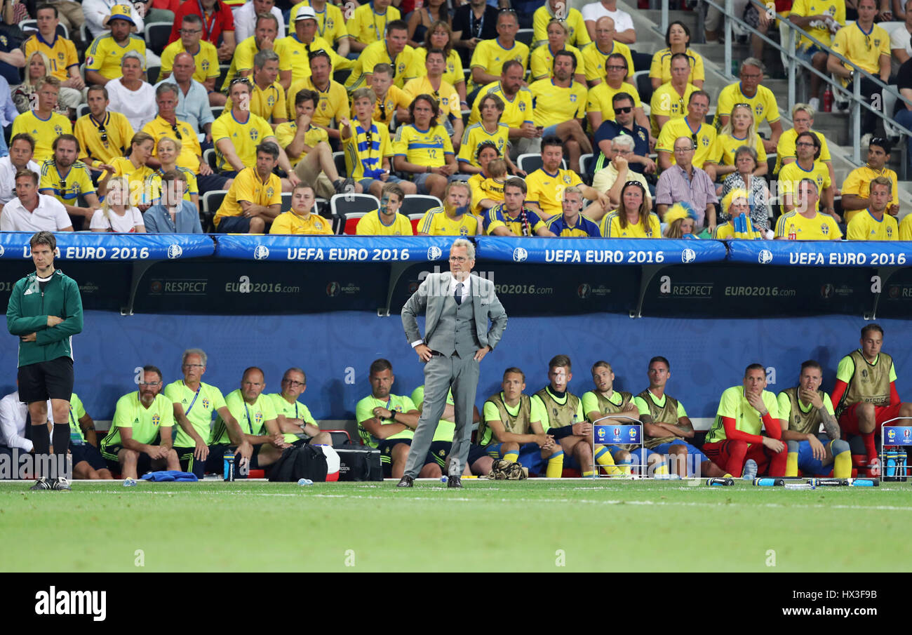 NICE, FRANCE - 22 juin 2016 : l'entraîneur-chef de l'équipe nationale de Suède Marc Wilmots regarde pendant l'UEFA EURO 2016 match contre la Belgique à Allianz Banque D'Images
