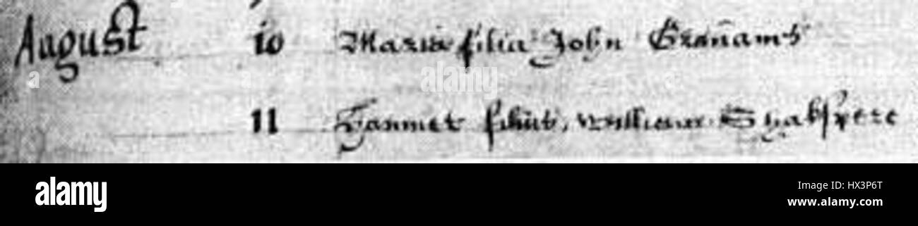 Acte de décès de Hamnet Shakespeare, fils de William Shakespeare, le dramaturge et poète anglais. Banque D'Images