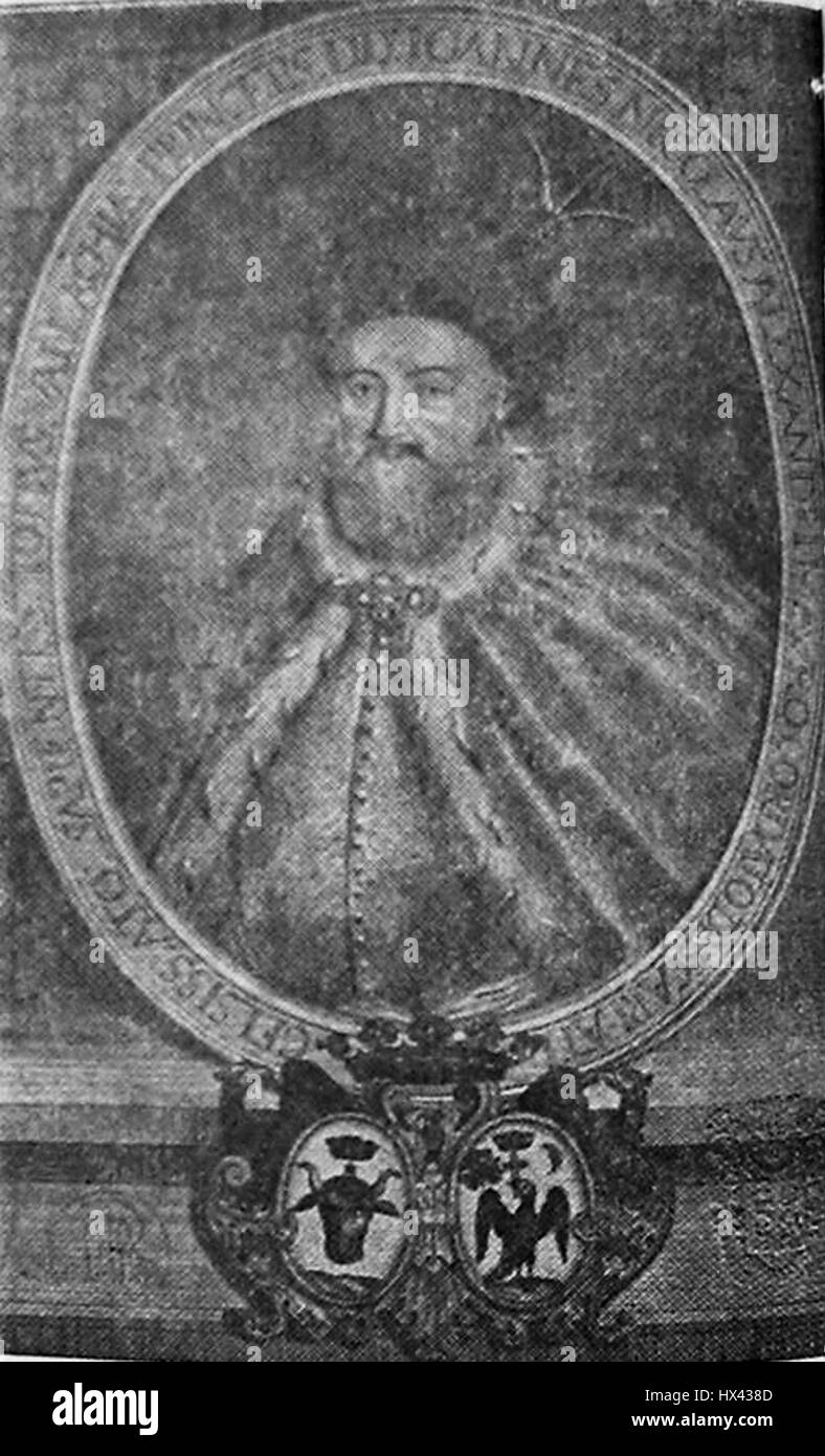 Ioan Mavrocordat, une figure historique, dans un portrait portant un vêtement à collet haut doublé de fourrure, avec un cadre décoratif et des symboles héraldiques en arrière-plan, accompagné d'une inscription incluant « FREDERICUS DUCANUS INEXTRAORDINARIUS ». Banque D'Images