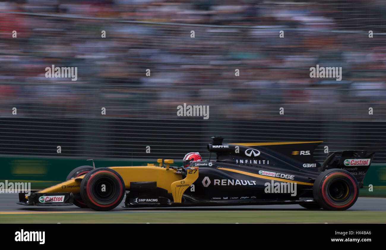 Melbourne, Australie. Mar 25, 2017. Pilote de Formule 1 Renault Sport de Nico Hülkenberg Allemagne durs au cours de la troisième session d'essais à venir de l'Australian Grand Prix de Formule 1 au circuit d'Albert Park à Melbourne, Australie, le 25 mars 2017. L'Australian Grand Prix de Formule 1 aura lieu à Melbourne le 26 mars. Credit : Bai Xue/Xinhua/Alamy Live News Banque D'Images