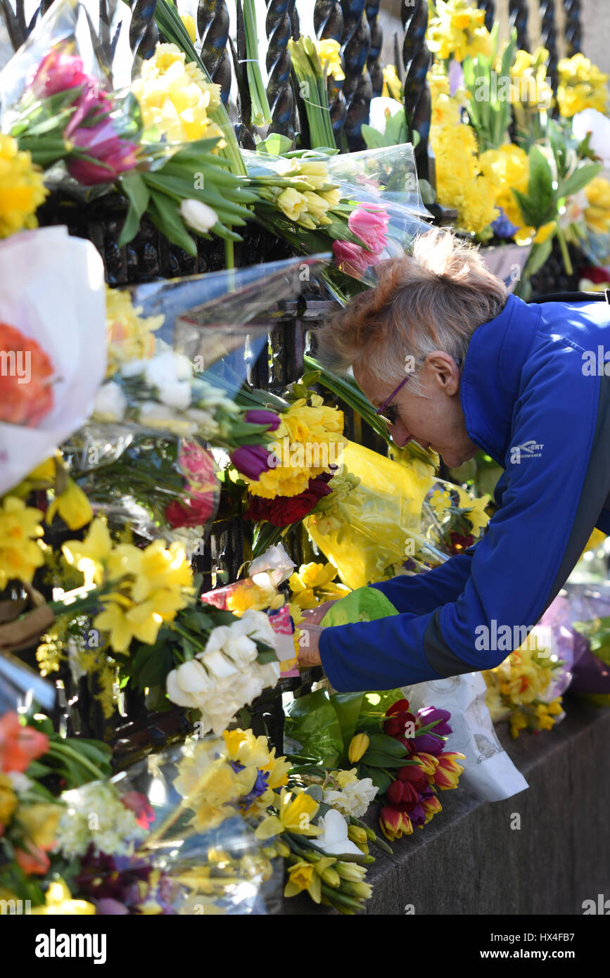 Placer les fleurs. Fleurs attaché à la clôture au Palais de Westminster par marcheurs manifestant contre 'Brexit'. Ils ont été mis à l'honneur les vies perdues lors de l'attaque terroriste Banque D'Images