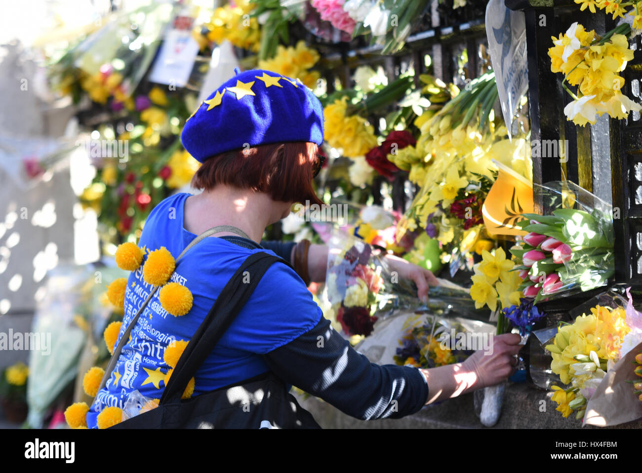 Remainer de placer des fleurs. Fleurs attaché à la clôture au Palais de Westminster par marcheurs manifestant contre 'Brexit'. Ils ont été mis à l'honneur les vies perdues lors de l'attaque terroriste Banque D'Images