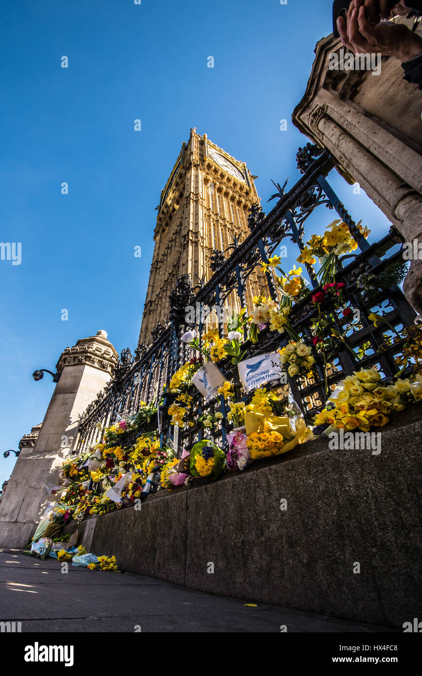 Fleurs attaché à la clôture au Palais de Westminster par marcheurs manifestant contre 'Brexit'. Ils ont été mis à l'honneur les vies perdues lors de l'attaque terroriste Banque D'Images