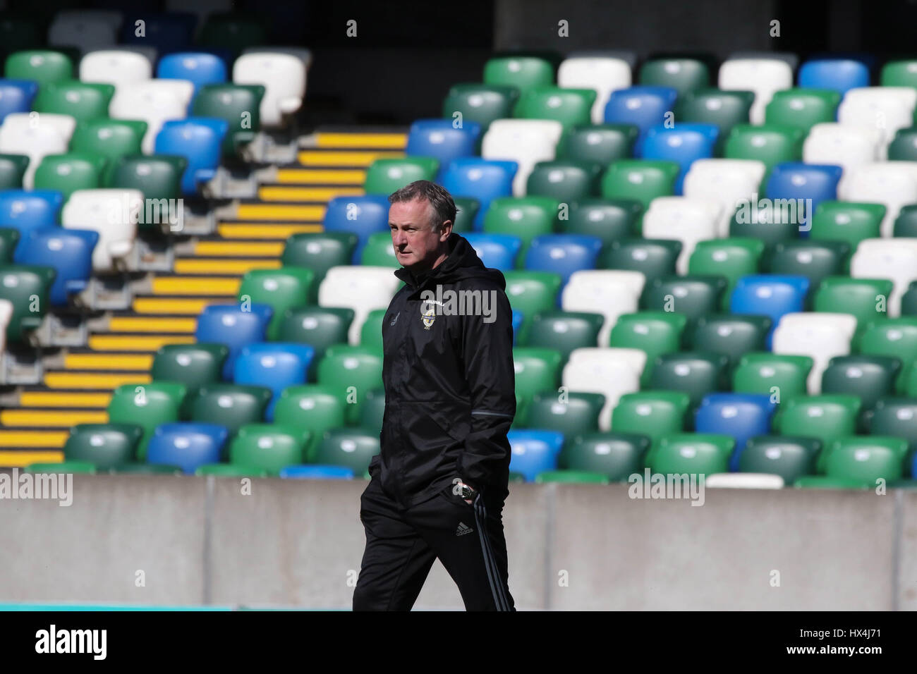 Belfast, Irlande du Nord. 25 mars, 2017. Stade national de football à Windsor Park, Belfast, Irlande du Nord. 25 mars 2017. L'Irlande du manager Michael O'Neill à la session d'aujourd'hui. L'Irlande du Nord Norvège jouer dans leur qualification de la Coupe du Monde au rez-de-demain soir. David Hunter/Alamy Live News. Banque D'Images