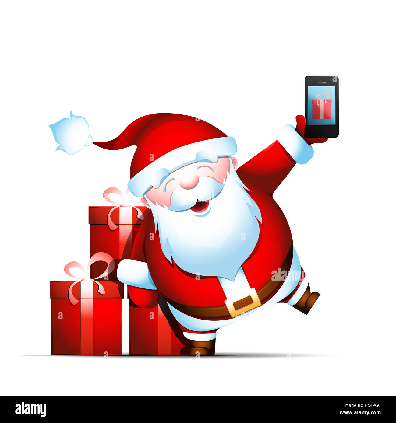 Santa Claus est titulaire smartphone dans sa main. Téléphone avec boîte-cadeau à l'écran. La commande de cadeaux. Banque D'Images