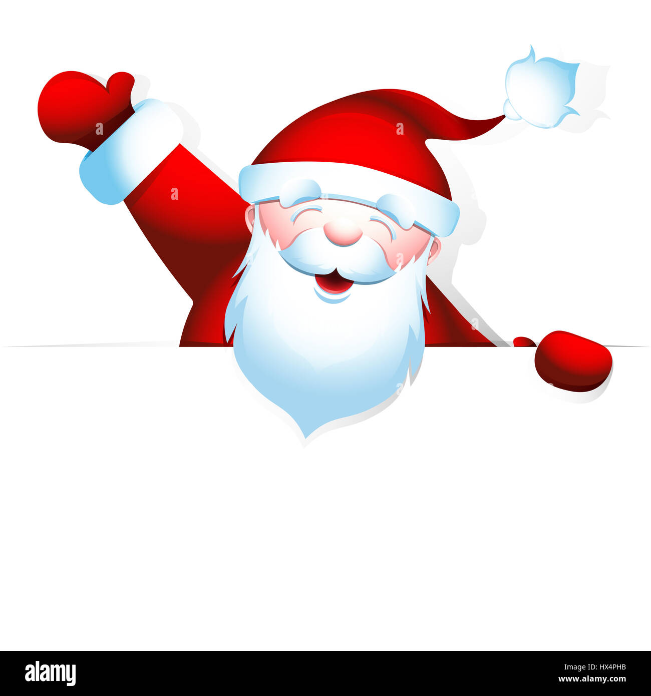 Cheerful Santa Claus leva la main jusqu'à l'accueil. Grand-père barbu est titulaire d'ouverture vierge avec de l'espace pour votre texte. Banque D'Images