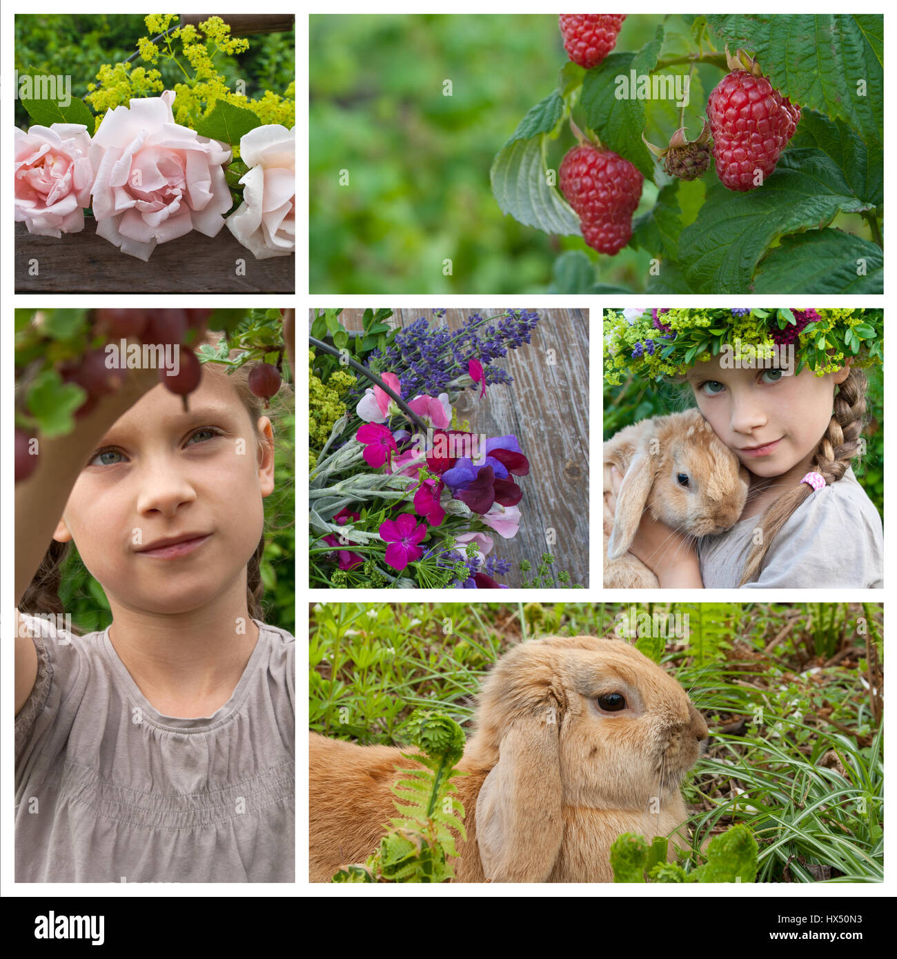 Collage avec young girl in garden Banque D'Images