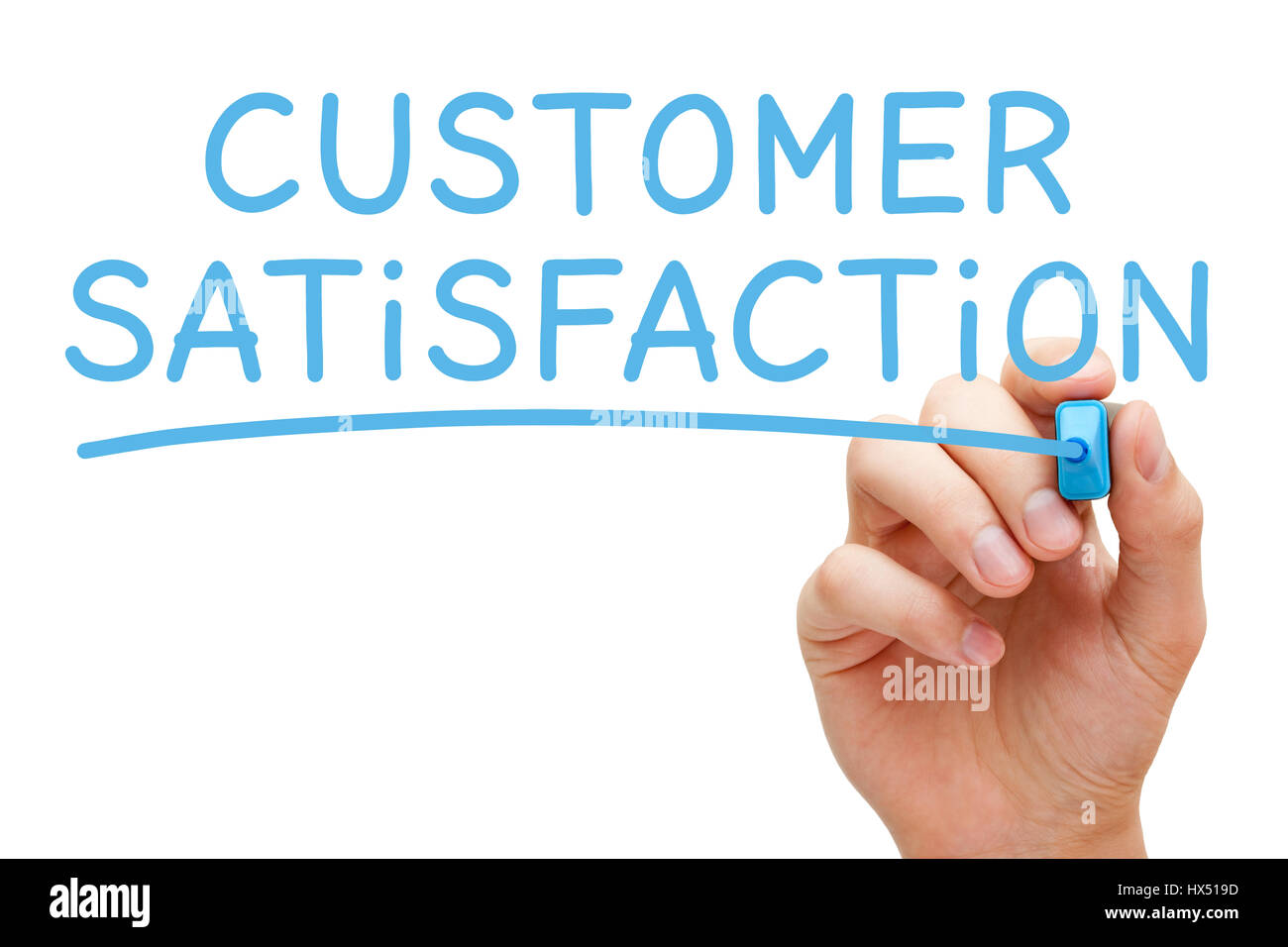 La main la satisfaction de client avec marqueur bleu sur du verre transparent de sélection. Banque D'Images