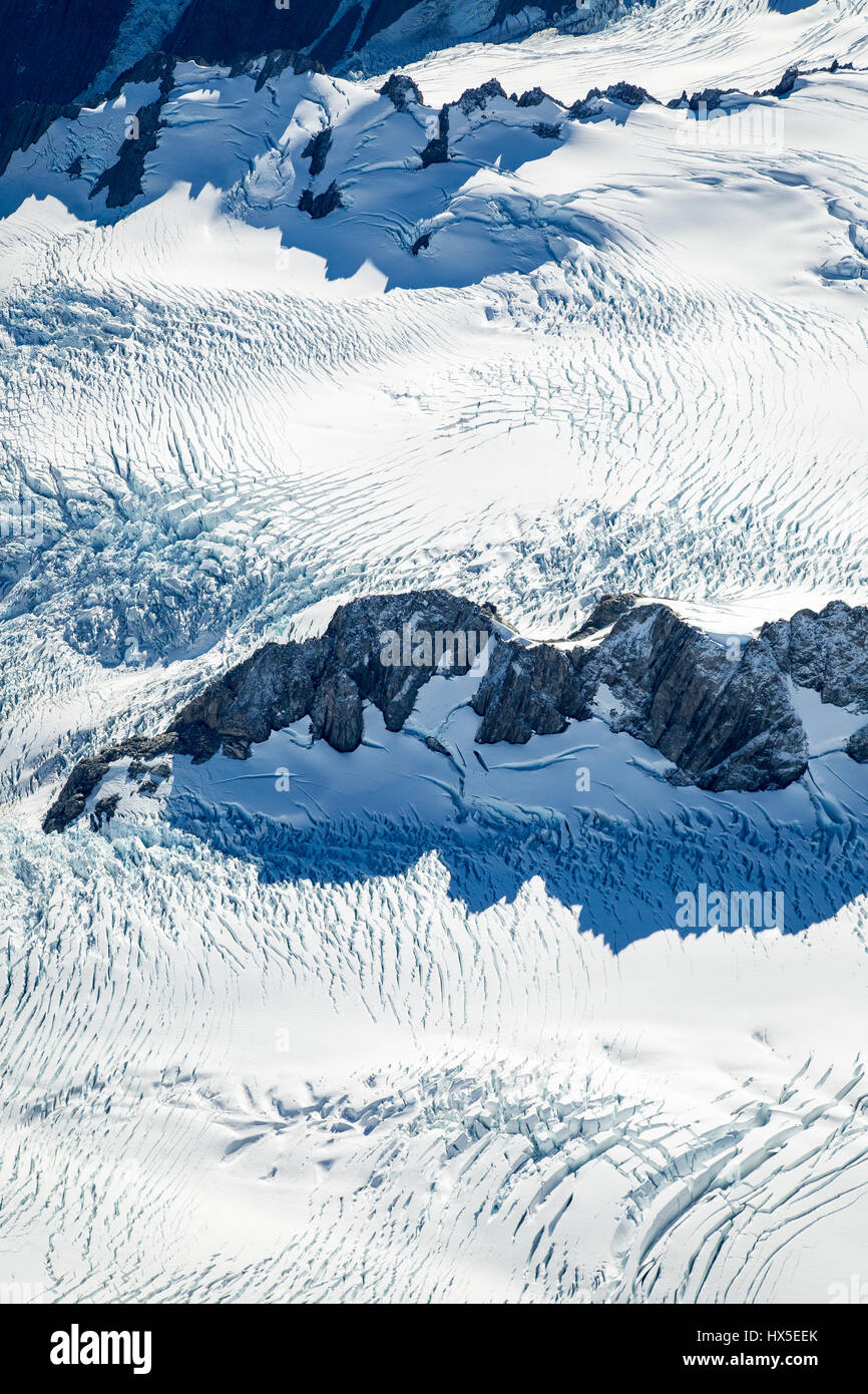 Vue aérienne de la partie supérieure du Fox Glacier, New Zealand Banque D'Images