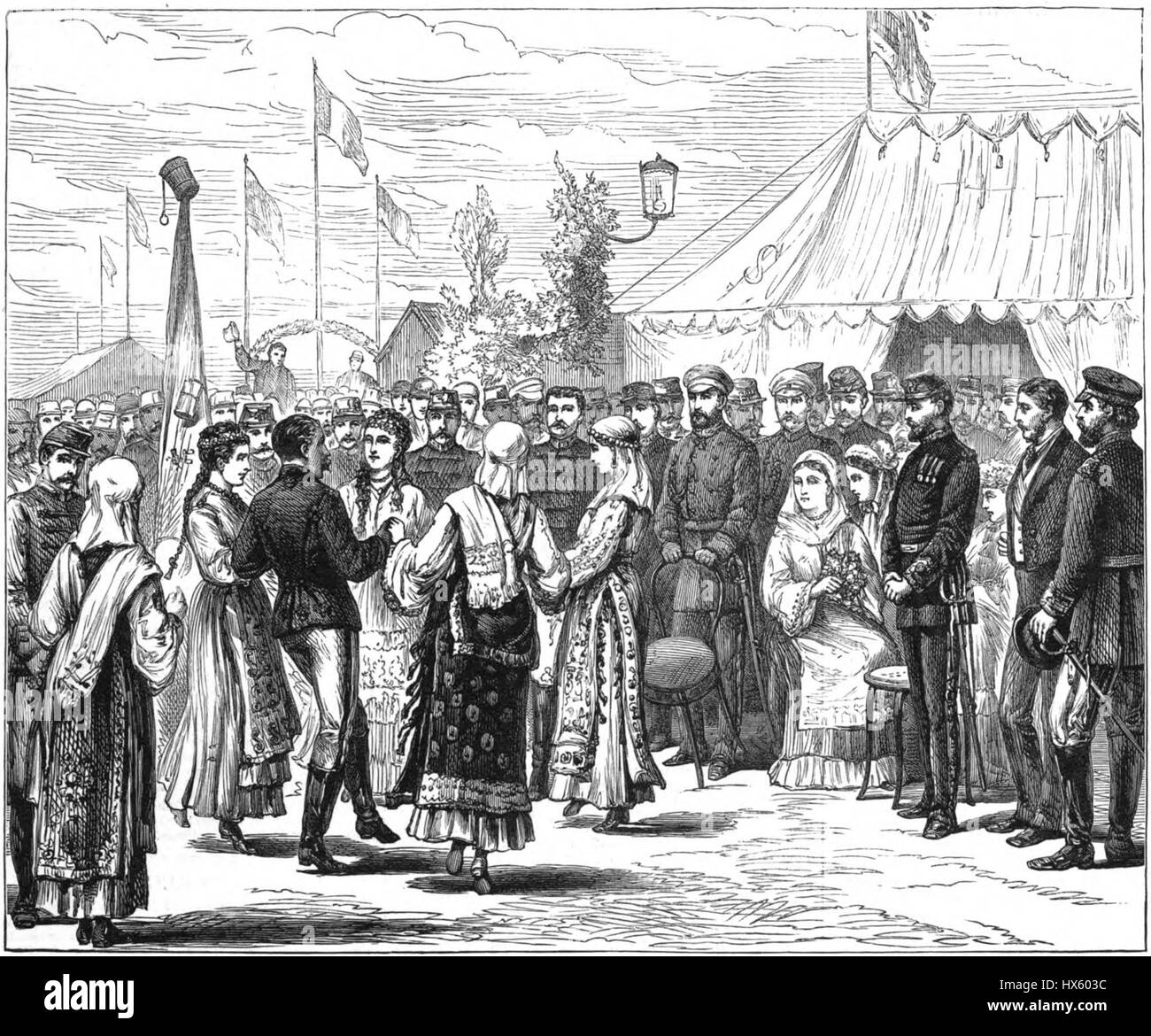 La danse Roumans Hora devant le Grand-duc Nicolas et le Prince et la princesse de Roumanie Banque D'Images