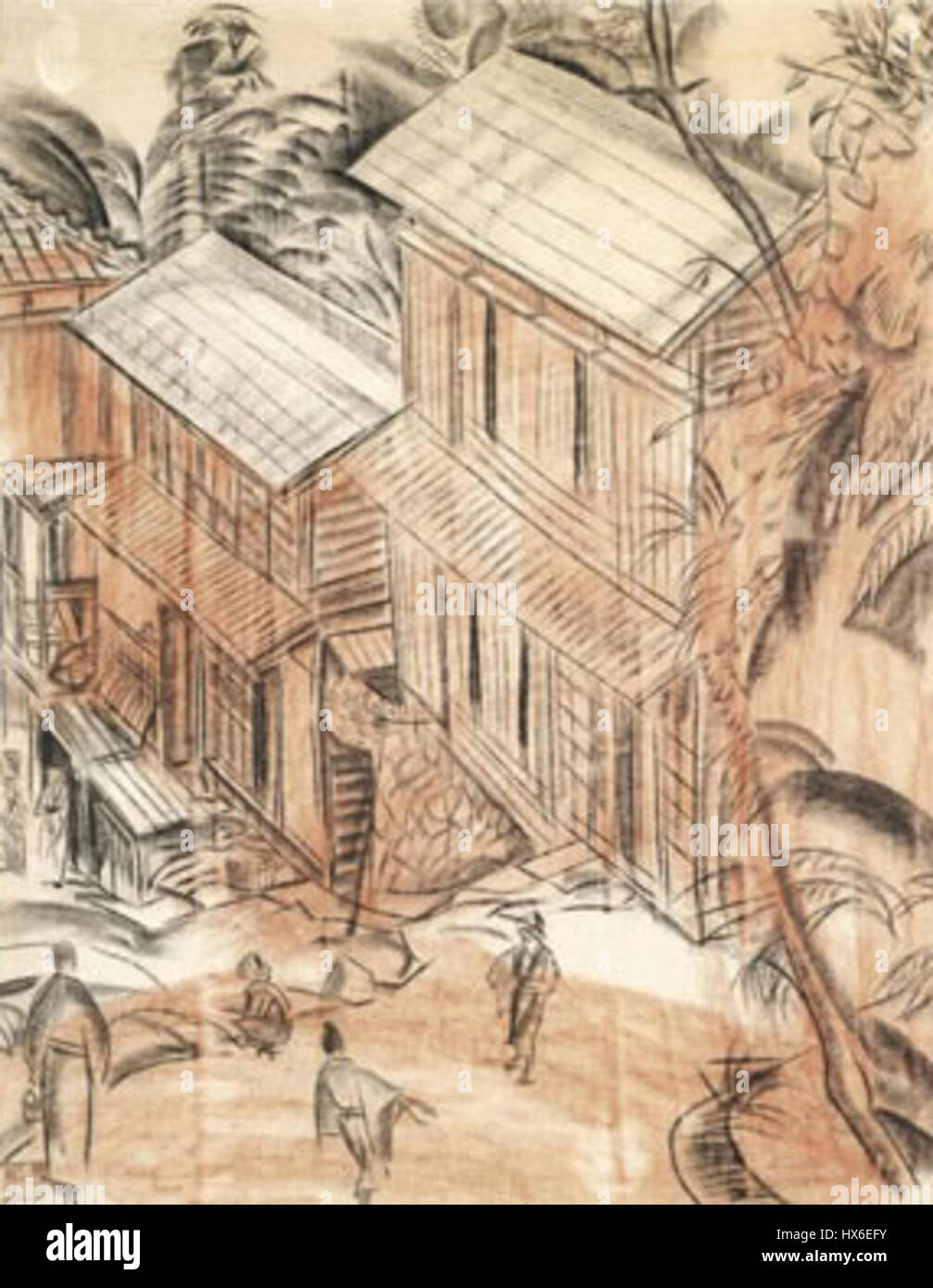 'Street in Japan' de A. Yakovlev (1919) est une œuvre d'art représentant une scène de rue japonaise. La pièce capture la vie quotidienne et l'ambiance culturelle du Japon du début du XXe siècle. Banque D'Images