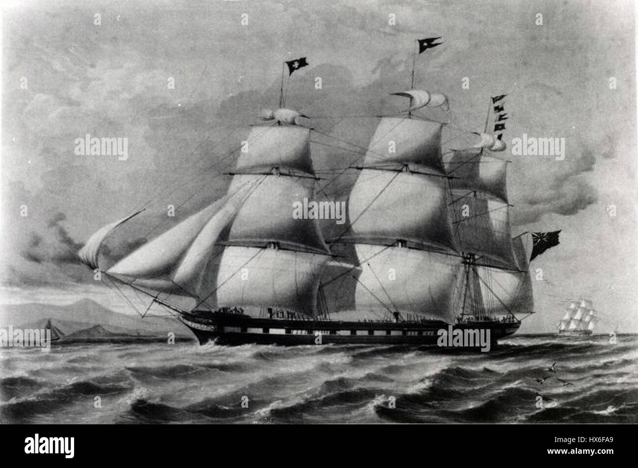 Le Iron Clipper Ship Tayleur était un des premiers voiliers à vapeur. Connu pour son rôle dans l'histoire maritime du XIXe siècle, le Tayleur a été conçu pour la vitesse et l'efficacité, mais a connu une tragédie lorsqu'il a coulé lors de son voyage inaugural. Ce navire a marqué une période importante dans le génie naval et la transition de la voile à la vapeur dans l'industrie maritime. Banque D'Images