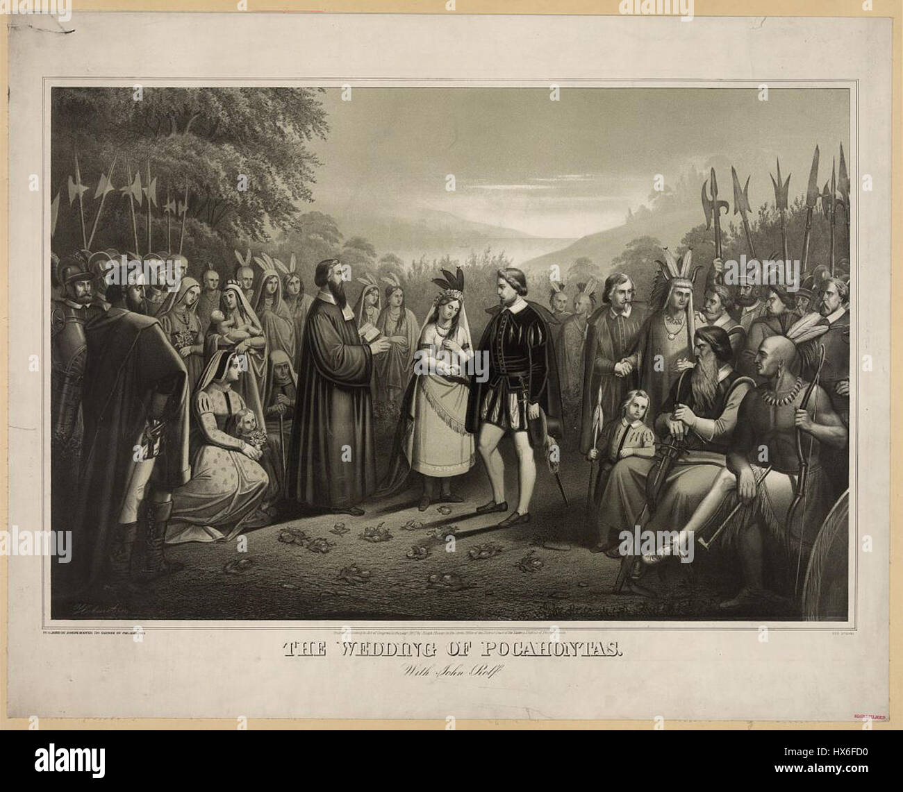 Cette représentation historique illustre le mariage en 1614 de Pocahontas, une femme Powhatan, avec le colon anglais John Rolfe à Jamestown, en Virginie. Leur union a joué un rôle dans les premières relations anglo-powhatans. Banque D'Images