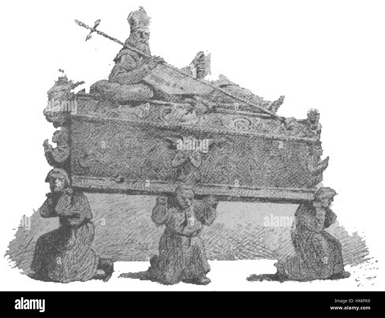 Cette œuvre, 'Trudna SW. wojciecha w kat. Gnieznienskiej,' représente Saint Adalbert (Wojciech) dans la cathédrale de Gniezno. L’image représente un moment de son travail missionnaire, reflétant son importance dans le christianisme polonais et son rôle dans la diffusion du christianisme en Europe de l’est. Banque D'Images