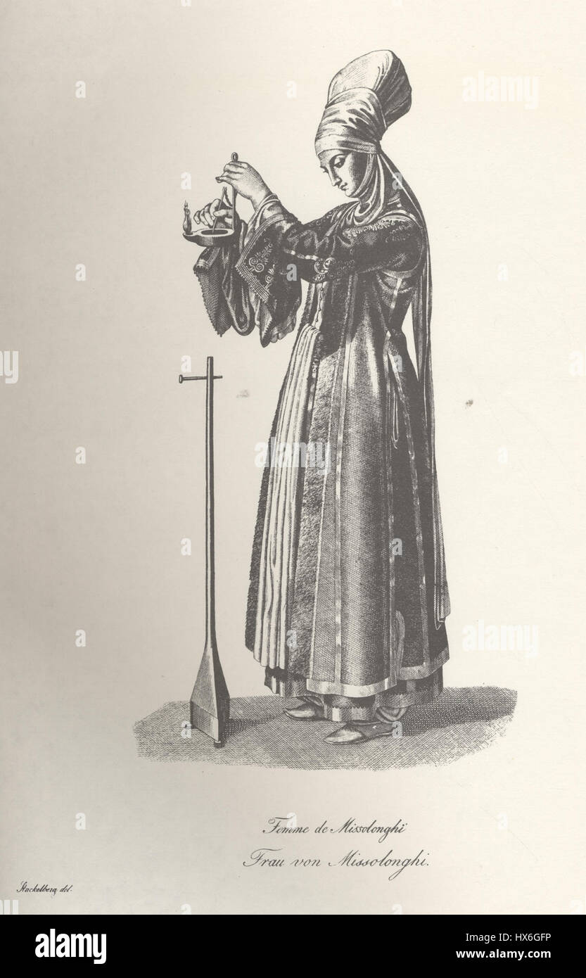 *Woman from Mesolonghi* de Carl von Stackelberg est une représentation romancée d'une femme grecque en tenue traditionnelle. La peinture reflète la fascination romantique pour la culture grecque au XIXe siècle, mettant en évidence l’expression sereine et le symbolisme culturel du sujet. Banque D'Images