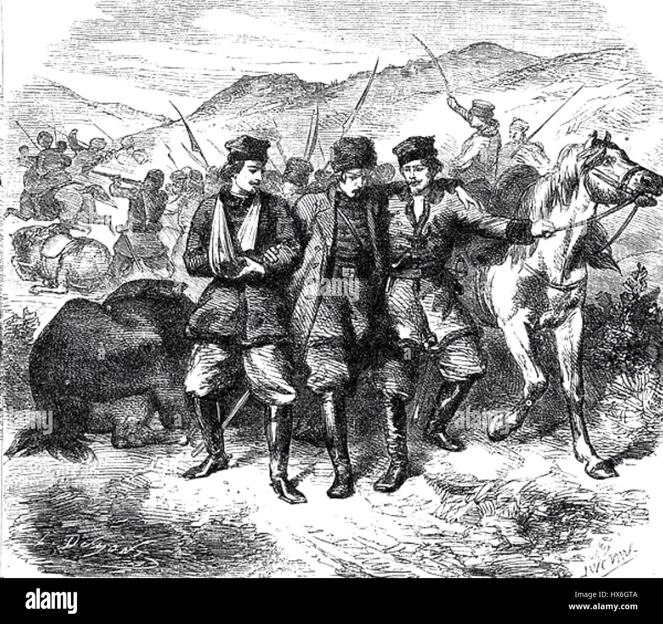 Cette photographie de 1863 représente un insurgé polonais blessé pendant le soulèvement de janvier. L'image capture les émotions brutes et les conséquences de la bataille, soulignant le coût personnel du conflit en Pologne, ainsi que la résilience et la souffrance de ceux qui sont impliqués dans la lutte pour l'indépendance. Banque D'Images