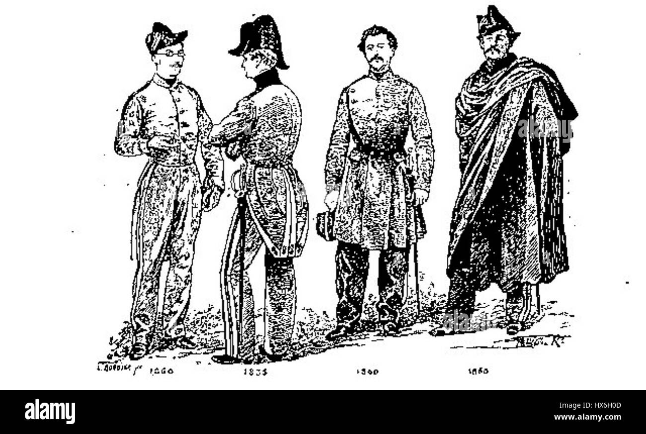 Cette illustration de 'évolution uniforme polytechnique' de 1860 représente les uniformes portés par les élèves de l'École Polytechnique en France. La pièce fournit un aperçu historique du code vestimentaire d’inspiration militaire de l’institution, reflétant le lien de l’école avec la formation militaire et d’ingénierie en France au XIXe siècle. Banque D'Images