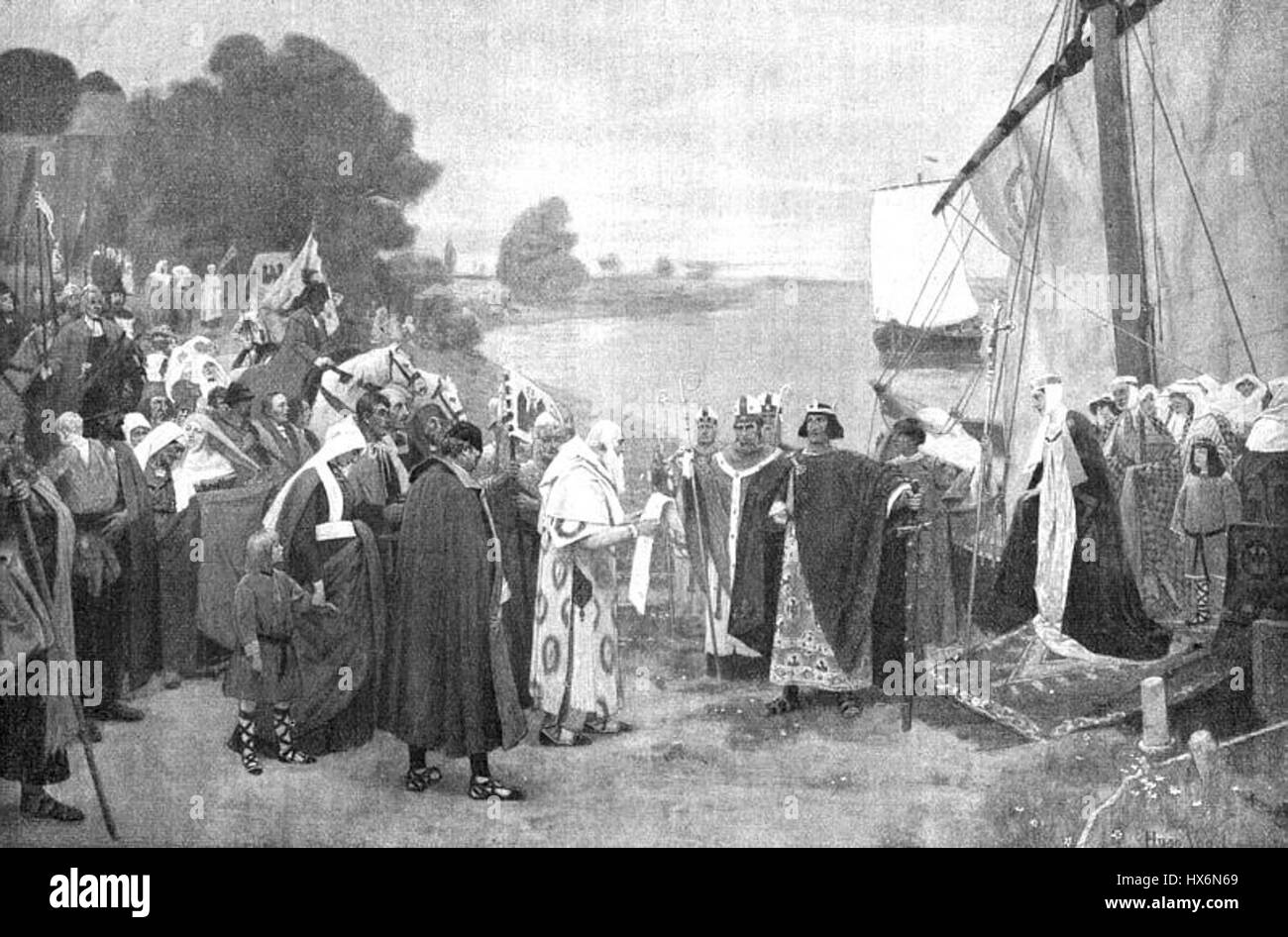 Otto der grosse Landet BEI Magdeburg est une peinture historique représentant l'arrivée de l'empereur Otto Ier à Magdebourg. La scène capture un moment de l'époque médiévale, reflétant la puissance et l'autorité du Saint empereur romain germanique. Banque D'Images