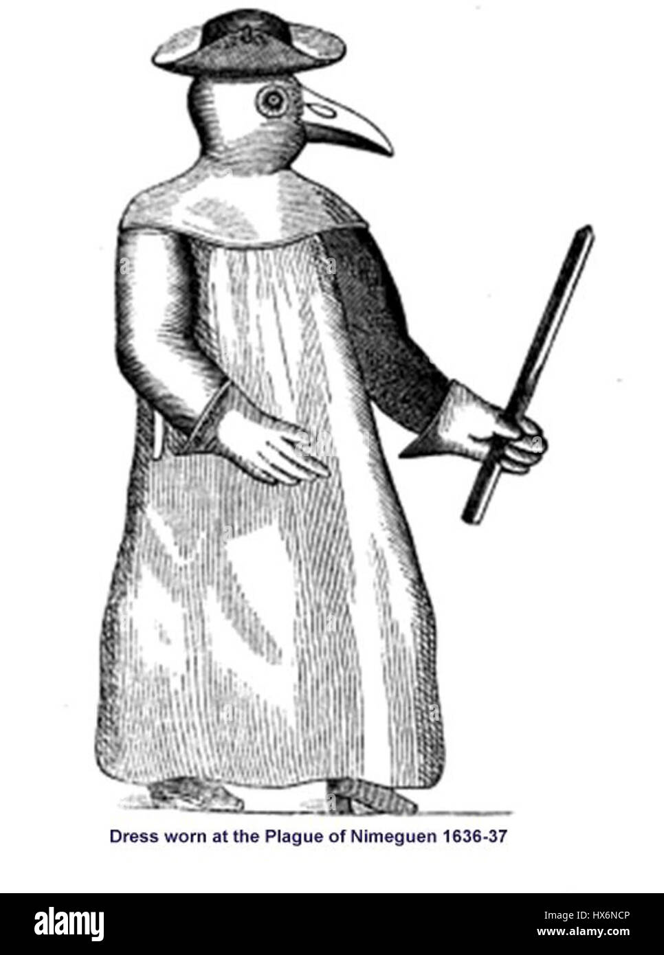Cette illustration de 1636-37 représente un médecin de la peste, communément associé à la peste noire. Les médecins portaient des masques à bec remplis d'herbes aromatiques pour se protéger du « miasme » qu'ils croyaient avoir causé la peste. Banque D'Images