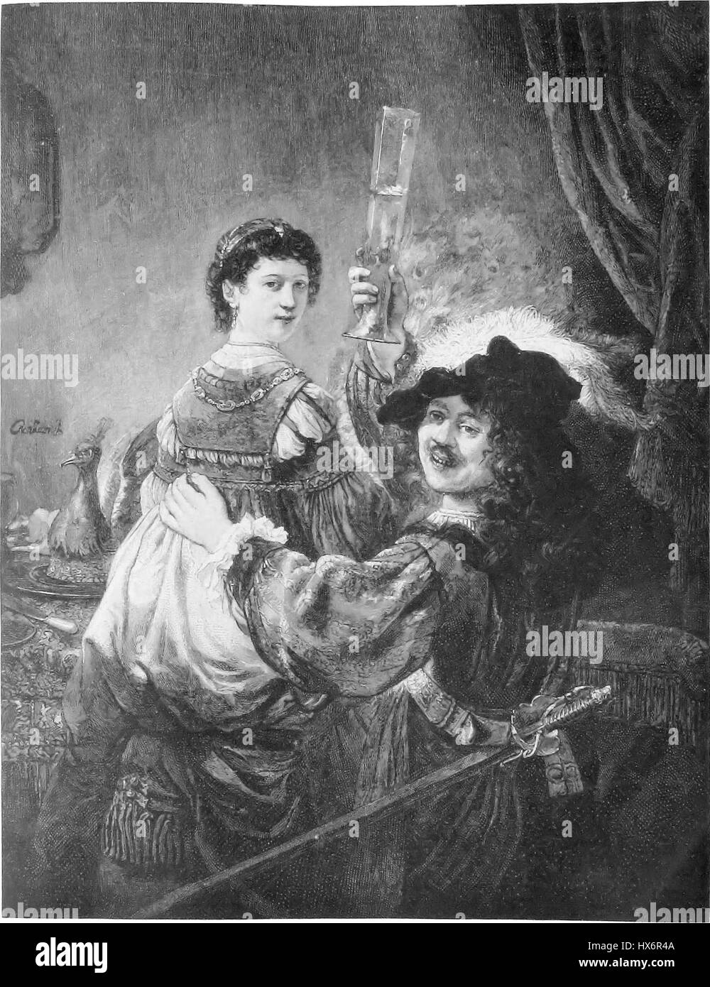 Cette impression en noir et blanc de Rembrandt Harmensz. Van Rijn démontre sa technique magistrale dans la capture de la lumière et de l'ombre, une caractéristique de son travail. Sa capacité à créer de la profondeur et de l'émotion à travers le monochrome est évidente dans cette pièce. Banque D'Images