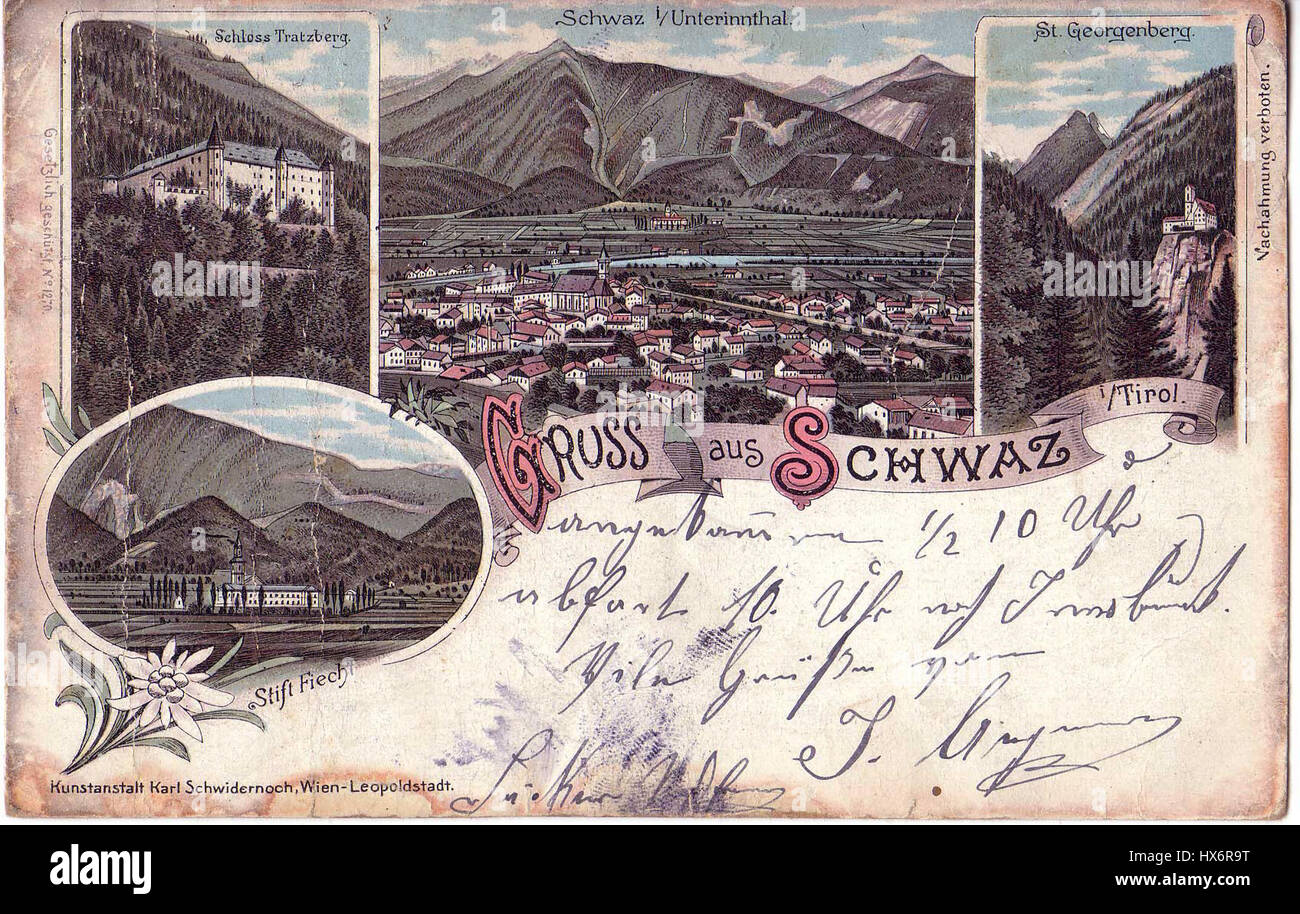 C'est une gravure colorée de 1900 de Schwaz, Fiecht, Georgenberg et Tratzberg. L'œuvre montre une vue historique de ces lieux en Autriche, offrant un aperçu de leur paysage architectural au tournant du XXe siècle. Banque D'Images